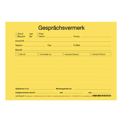 Gespr&auml;chsvermerk DIN A5 quer, gelb 100 Blatt/Block, gelocht