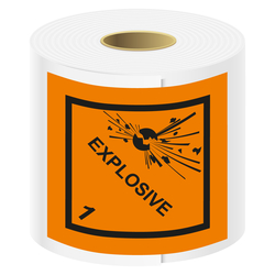 Gefahrzettel, Gefahrgutaufkleber Klasse 1 Explosive Stoffe mit Zusatztext EXPLOSIVE, Folie, 50 x 50 mm, 500 Stück/Rolle
