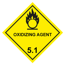 Gefahrzettel, Gefahrgutaufkleber Klasse 5.1 Entzündend (oxidierend) wirkende Stoffe, Flamme über einem Kreis Schwarz mit Zusatztext OXIDIZING AGENT, Folie, 100 x 100 mm, 500 Stück/Rolle