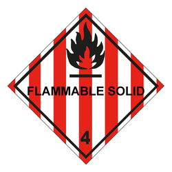 Gefahrzettel, Gefahrgutaufkleber Klasse 4.1 Entzündbare feste Stoffe mit Zusatztext FLAMMABLE SOLID, Flamme Schwarz, Folie, 250 x 250 mm, Einzeletikett