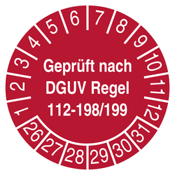 Pr&uuml;fplakette Gepr&uuml;ft nach DGUV Regel 112-198/199 Rot
