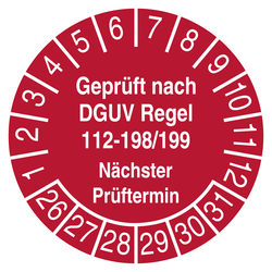 Pr&uuml;fplakette Gepr&uuml;ft nach DGUV Regel 112-198/199 N&auml;chster Pr&uuml;ftermin Rot
