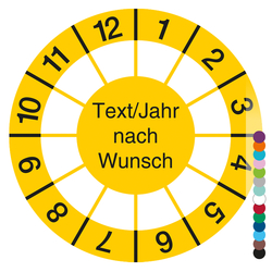 Jahrespr&uuml;fplakette mit Wunschtext, Jahr und Farbe nach Wunsch rund