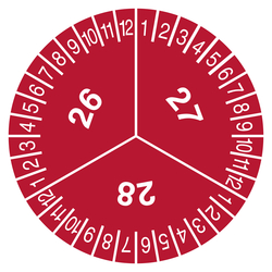 Pr&uuml;fplakette mit Jahreszahl (zweistellig) f&uuml;r 3 Jahre Rot