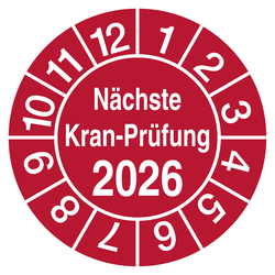 Pr&uuml;fplakette N&auml;chste Kran-Pr&uuml;fung mit Jahreszahl Rot