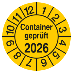 Pr&uuml;fplakette Container gepr&uuml;ft mit Jahreszahl Gelb