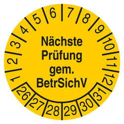 Pr&uuml;fplakette N&auml;chste Pr&uuml;fung gem. BetrSichV Gelb