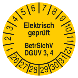 Pr&uuml;fplakette Elektrisch gepr&uuml;ft Betr.SichV DGUV 3, 4 Gelb
