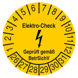 Pr&uuml;fplakette Elektro-Check Gepr&uuml;ft gem&auml;&szlig; BetrSichV Gelb