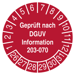 Pr&uuml;fplakette Gepr&uuml;ft nach DGUV Information 203-070 Rot