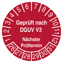 Pr&uuml;fplakette Gepr&uuml;ft nach DGUV V3 N&auml;chster Pr&uuml;ftermin Rot