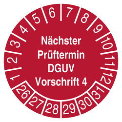 Pr&uuml;fplakette N&auml;chster Pr&uuml;ftermin DGUV Vorschrift 4 Rot