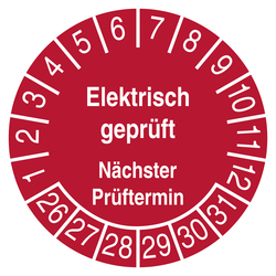 Pr&uuml;fplakette Elektrisch gepr&uuml;ft N&auml;chste Pr&uuml;fung Rot