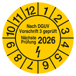 Pr&uuml;fplakette Nach DGUV Vorschrift 3 gepr&uuml;ft N&auml;chste Pr&uuml;fung Gelb