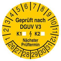 Pr&uuml;fplakette Gepr&uuml;ft nach DGUV V3 K1 K2 N&auml;chster Pr&uuml;ftermin Gelb