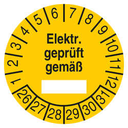 Pr&uuml;fplakette Elektr. gepr&uuml;ft gem&auml;&szlig; Gelb