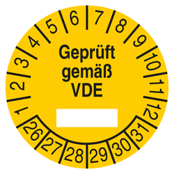 Pr&uuml;fplakette Gepr&uuml;ft gem&auml;&szlig; VDE Gelb