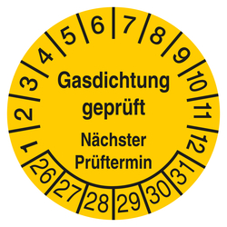 Pr&uuml;fplakette Gasdichtung gepr&uuml;ft N&auml;chster Pr&uuml;ftermin Gelb