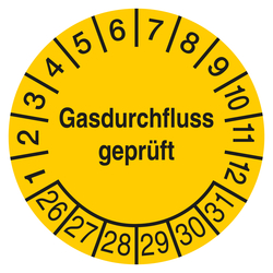 Pr&uuml;fplakette Gasdurchfluss gepr&uuml;ft Gelb