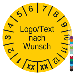 Mehrjahrespr&uuml;fplakette mit Logo, Wunschtext und Wunschfarbe rund f&uuml;r 2 Jahre, Jahreszahl zweistellig