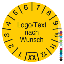 Jahrespr&uuml;fplakette mit Logo, Wunschtext und Wunschfarbe rund, Jahreszahl zweistellig