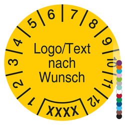 Jahrespr&uuml;fplakette mit Logo, Wunschtext und Wunschfarbe rund, Jahreszahl vierstellig