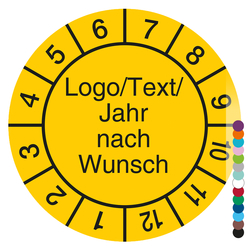 Jahrespr&uuml;fplakette mit Logo, Wunschtext und Jahreszahl