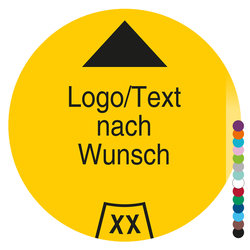 Jahrespr&uuml;fplakette mit Logo, Wunschtext und Pfeil, Jahreszahl zweistellig rund