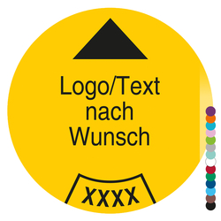 Jahrespr&uuml;fplakette mit Logo, Wunschtext und Pfeil, Jahreszahl vierstellig rund