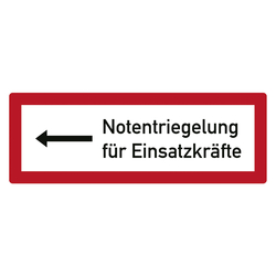 Feuerwehrzeichen Notentriegelung f&uuml;r Einsatzkr&auml;fte mit Pfeil links DIN 4066