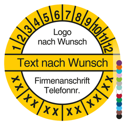 Mehrjahrespr&uuml;fplakette mit Logo, Wunschtext, Firmendaten und Wunschfarbe rund f&uuml;r 6 Jahre