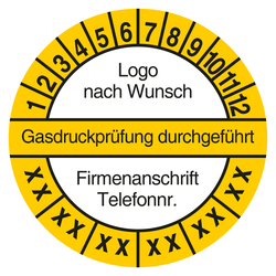 Mehrjahrespr&uuml;fplakette Gasdruckpr&uuml;fung durchgef&uuml;hrt mit Logo und Firmendaten