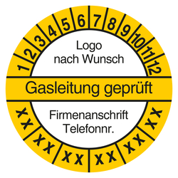 Mehrjahrespr&uuml;fplakette Gasleitung gepr&uuml;ft mit Logo und Firmendaten