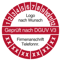 Mehrjahrespr&uuml;fplakette Gepr&uuml;ft nach DGUV V3 mit Logo und Firmendaten