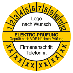 Mehrjahrespr&uuml;fplakette ELEKTRO-PR&Uuml;FUNG Gepr&uuml;ft nach VDE N&auml;chste Pr&uuml;fung mit Logo und Firmendaten