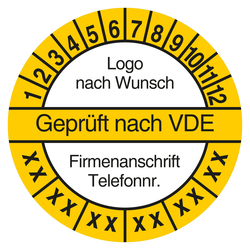 Mehrjahrespr&uuml;fplakette Gepr&uuml;ft nach VDE mit Logo und Firmendaten