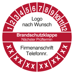 Mehrjahrespr&uuml;fplakette Brandschutzklappe N&auml;chster Pr&uuml;ftermin mit Logo und Firmendaten