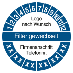 Mehrjahrespr&uuml;fplakette Filter gewechselt mit Logo und Firmendaten
