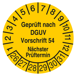 Pr&uuml;fplakette Gepr&uuml;ft nach DGUV Vorschrift 54 N&auml;chster Pr&uuml;ftermin Gelb