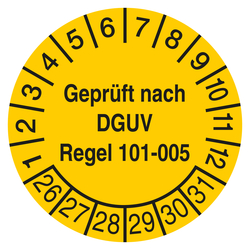 Pr&uuml;fplakette Gepr&uuml;ft nach DGUV Regel 101-005 Gelb