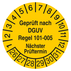 Pr&uuml;fplakette Gepr&uuml;ft nach DGUV Regel 101-005 N&auml;chster Pr&uuml;ftermin Gelb