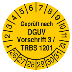Pr&uuml;fplakette Gepr&uuml;ft nach DGUV Vorschrift 3 / TRBS 1201 Gelb