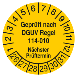 Pr&uuml;fplakette Gepr&uuml;ft nach DGUV Regel 114-010 N&auml;chster Pr&uuml;ftermin Gelb