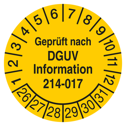 Pr&uuml;fplakette Gepr&uuml;ft nach DGUV Information 214-017 Gelb