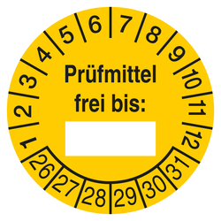 Pr&uuml;fplakette Pr&uuml;fmittel frei bis Gelb