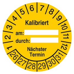 Pr&uuml;fplakette Kalibriert am durch N&auml;chster Termin Gelb