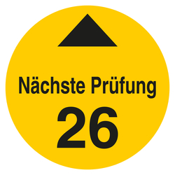 Pr&uuml;fplakette N&auml;chste Pr&uuml;fung mit Pfeil und Jahreszahl (zweistellig) Gelb