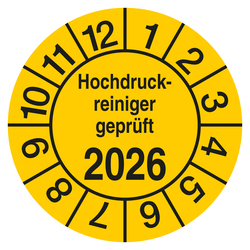 Pr&uuml;fplakette Hochdruckreiniger gepr&uuml;ft mit Jahreszahl Gelb