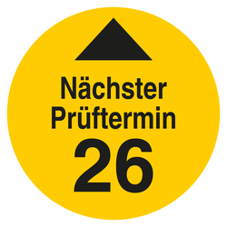 Pr&uuml;fplakette N&auml;chster Pr&uuml;ftermin mit Pfeil und Jahreszahl (zweistellig) Gelb