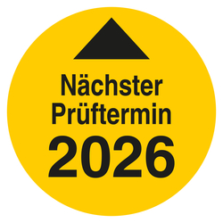 Pr&uuml;fplakette N&auml;chster Pr&uuml;ftermin mit Pfeil und Jahreszahl (vierstellig) Gelb